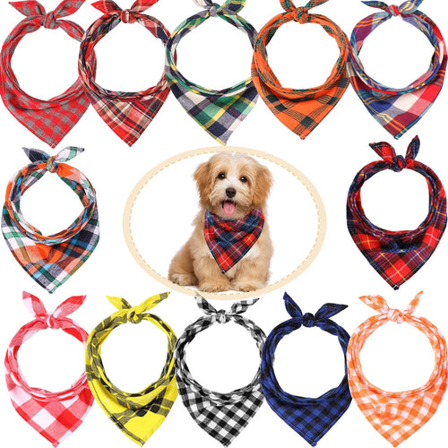 12 Piece Dog Bandanas Plaid Pet Bandanas Scarf Triangle Bibs Kerchief Washable Reversible Adjustable Pet Costume Accessories for Small Large Dogs and Cats(Lattice Graphic)