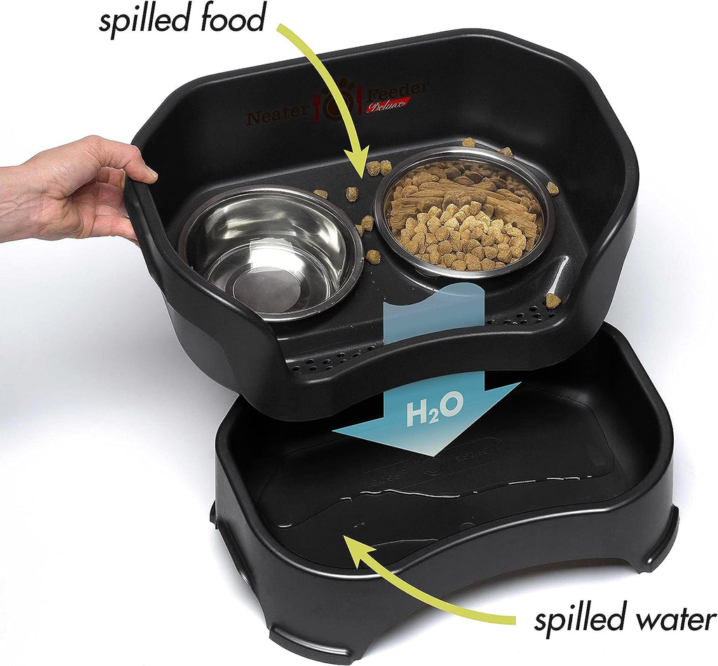 Neater Feeder Deluxe Mess Proof Dog Bowls Elevated for Small Breeds – Made in USA – No Spill Raised Dog Food Bowl Stand W/Leg Extensions – Stainless Steel Dog Food and Water Bowl Set – Black