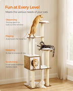 Cat Tree, 64.6-Inch Modern Cat Tower, Multi-Level Condo with 5 Scratching Posts, Perch, Washable Removable Cushions, Cave, Rustic Brown UPCT166X01